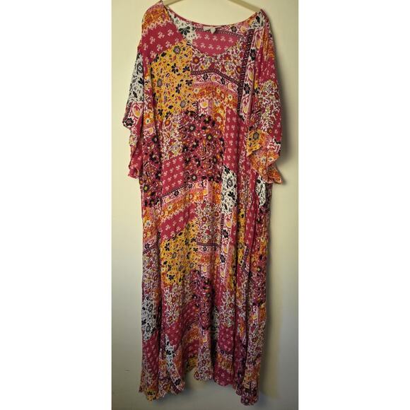 Woman Within 6X Maxi Dress Caftan Sleeve Rayon Pink Multi Plus Size Comfy - Picture 1 of 7